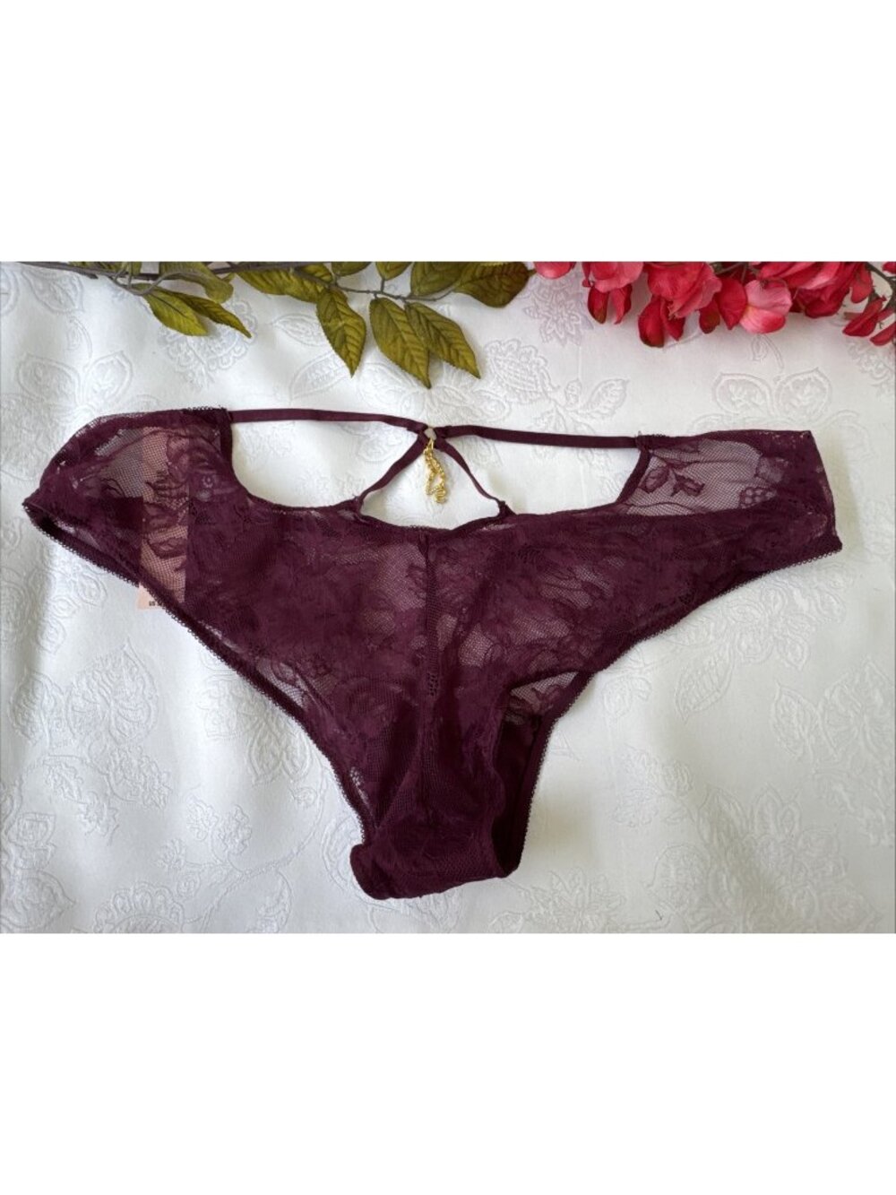 VICTORIA'S SECRET WINE GOLD CHARMS LACE STRAPPY HI LEG CHEEKY PANTIES NWT